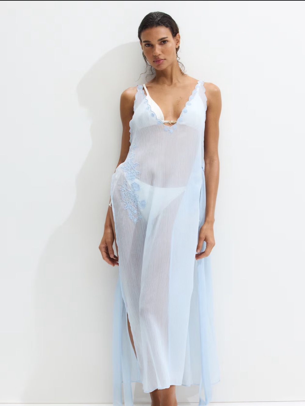 H&M Embroidered Chiffon Beach Dress light blue m/l